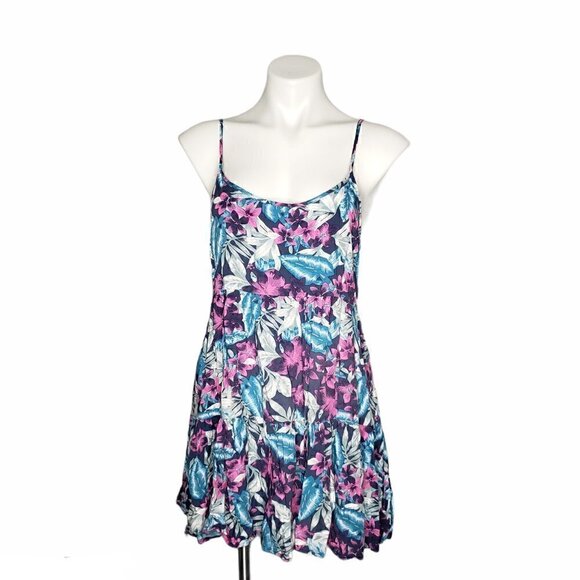 American Eagle Floral Tiered Sun Dress Spaghetti Strap Navy Pink Medium Mini Fit - Picture 2 of 5